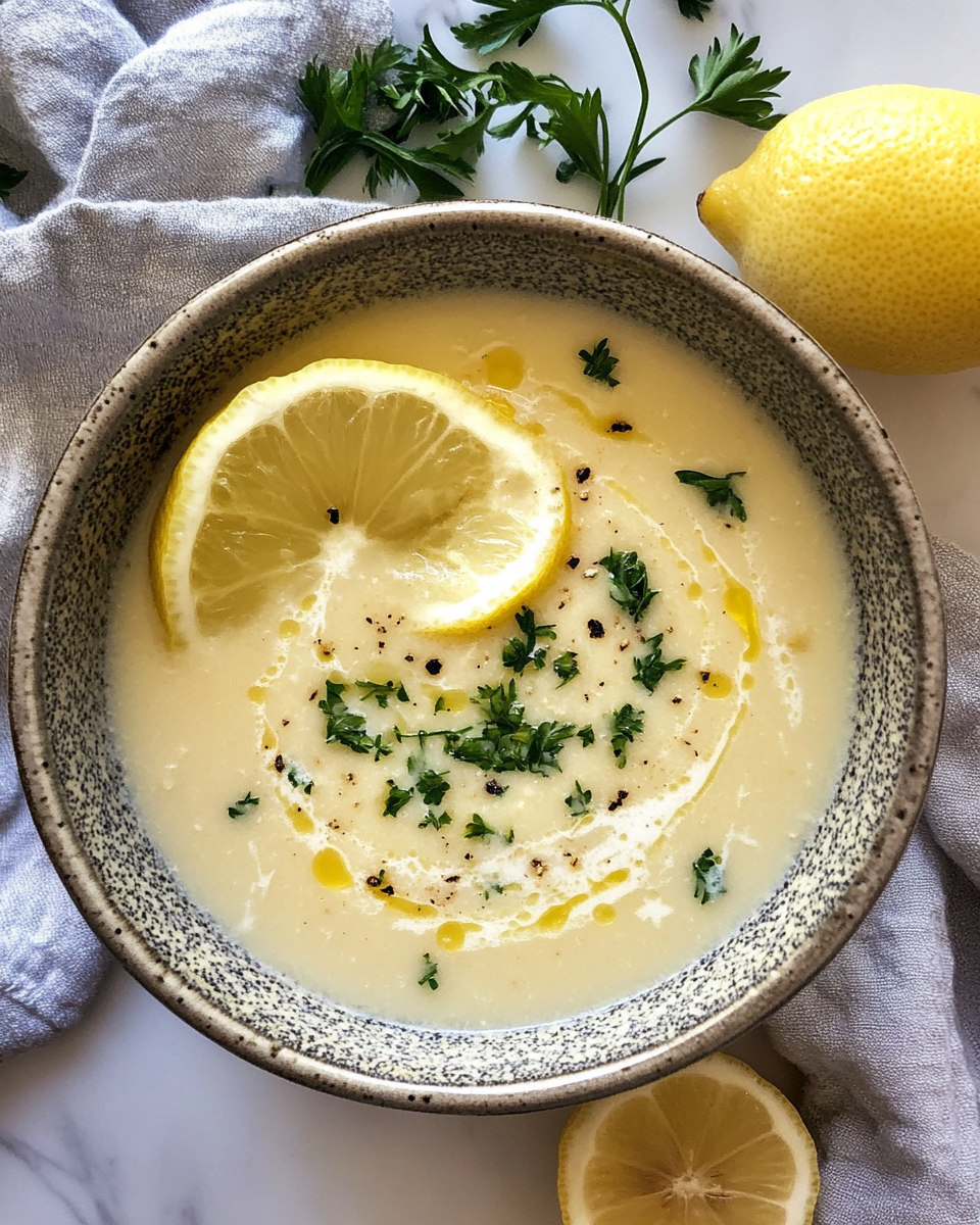 Steaming vegan avgolemono soup with lemon in pressure cooker