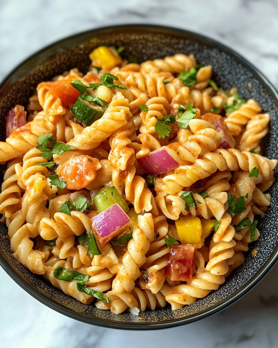 Chilled vegan bbq ranch pasta salad ready to serve in bowl