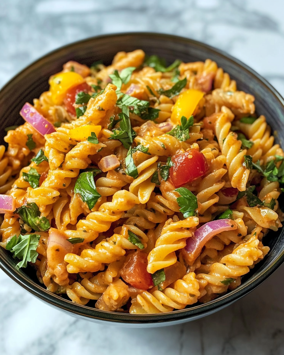 Fresh vegan bbq ranch pasta salad in bowl with vibrant veggies