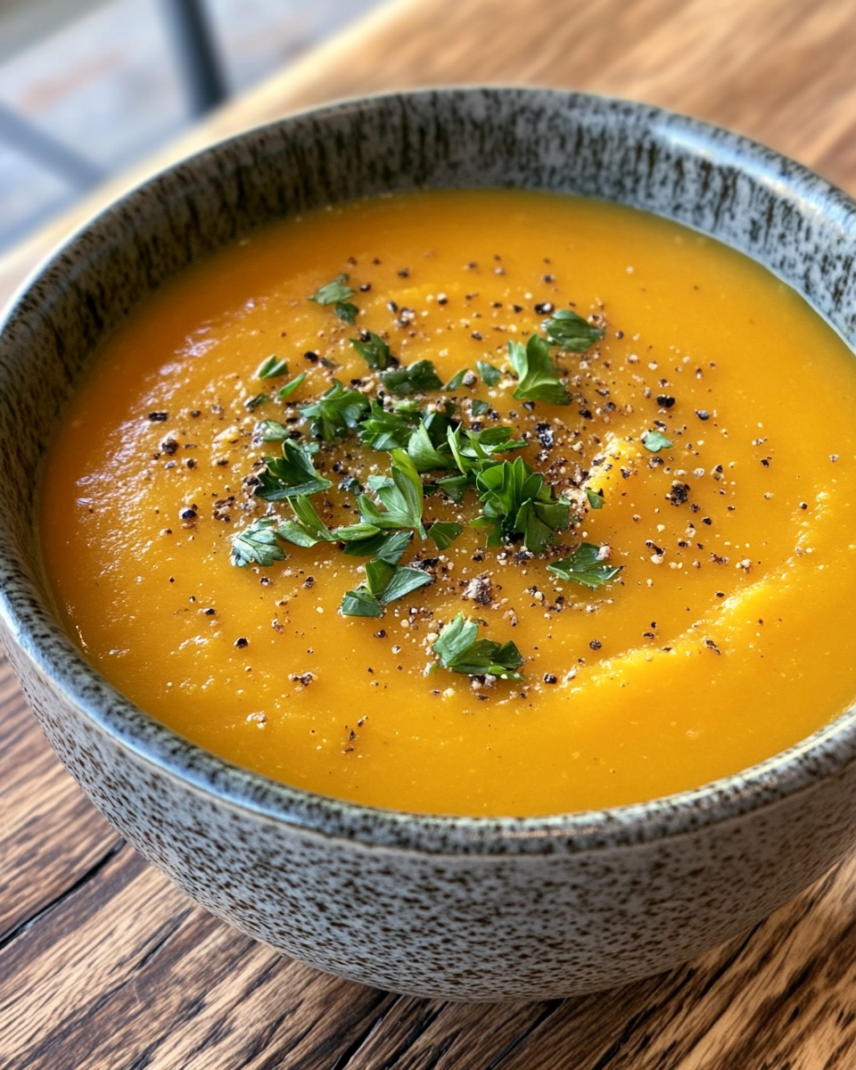 Bowl of finished vegan butternut squash soup garnished with pumpkin seeds and thyme