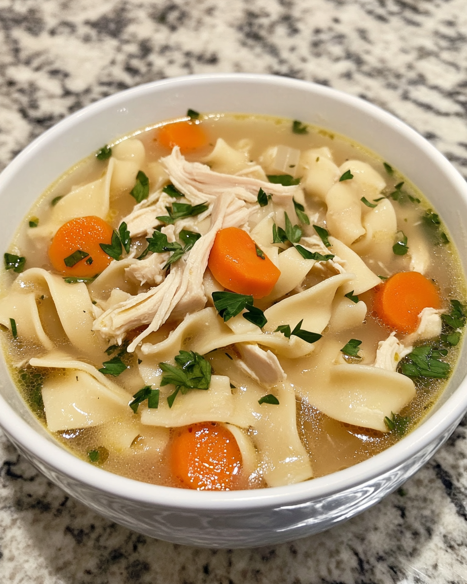 Creamy bowl of vegan marry me chicken noodle soup with fresh basil garnish