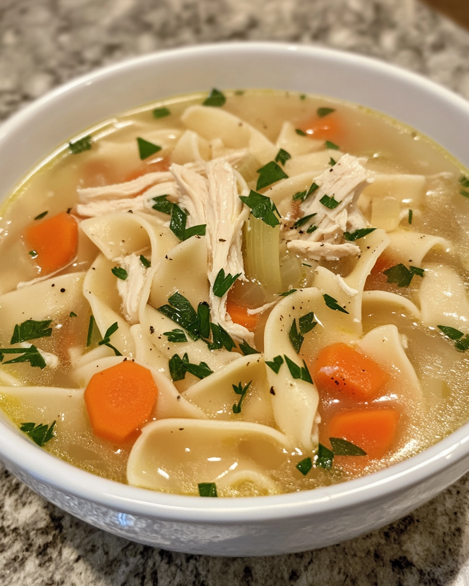 Vegan Marry Me Chicken Noodle Soup simmering in pressure cooker
