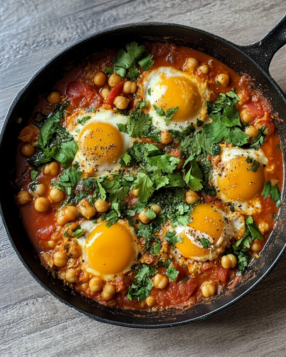 Final cooked vegan shakshuka served with fresh herbs and crusty bread