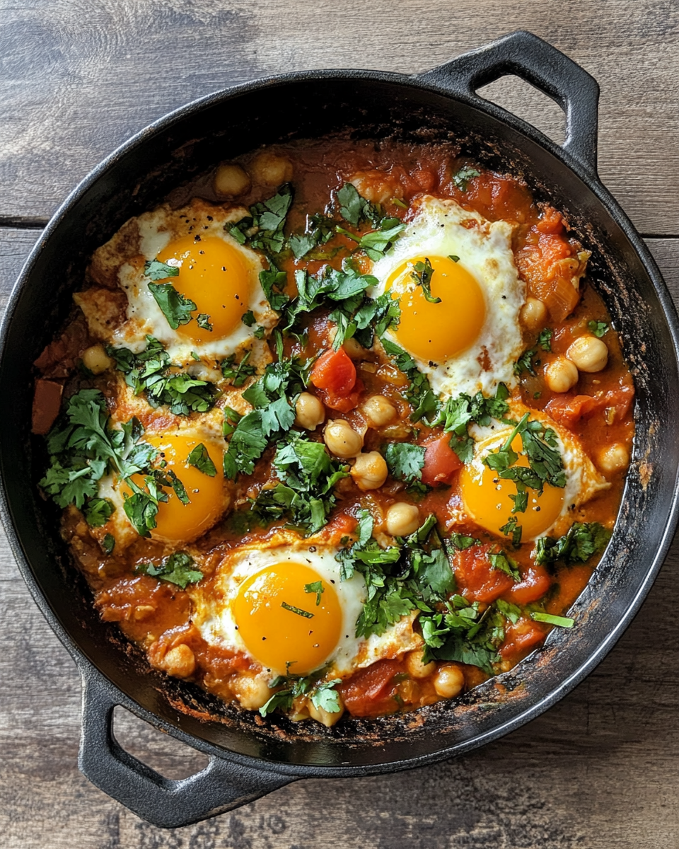 Vegan shakshuka simmering in a pressure cooker with chickpea flour eggs