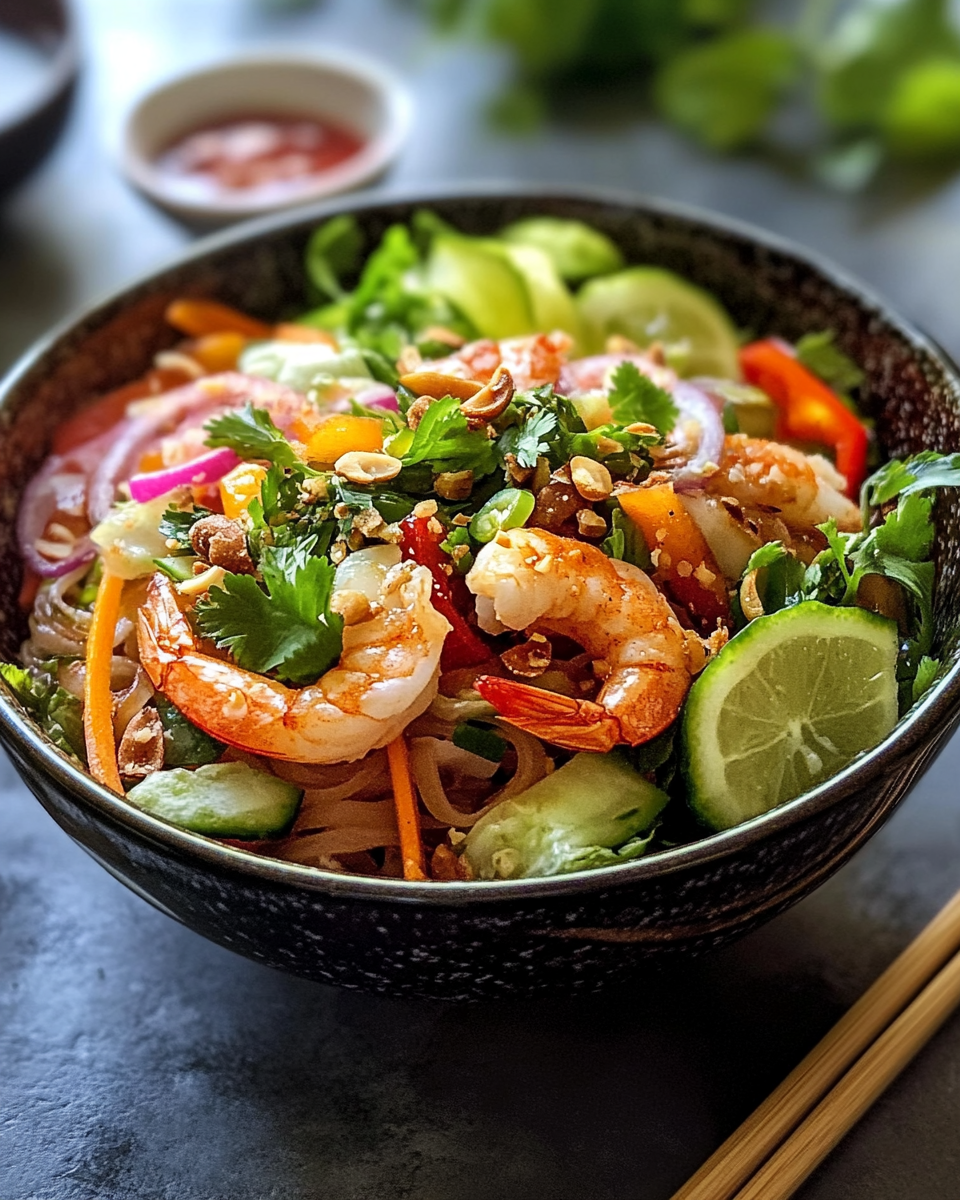 Ingredients for Vietnamese rice noodle salad with chicken in a bowl