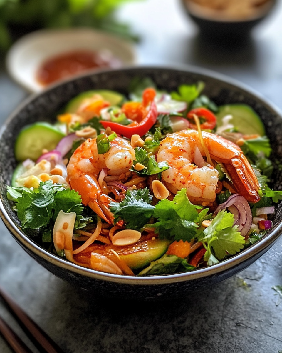 Finished Vietnamese rice noodle salad with chicken served on a plate
