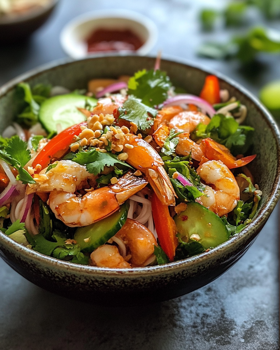 Fresh Vietnamese rice noodle salad with chicken near the introduction