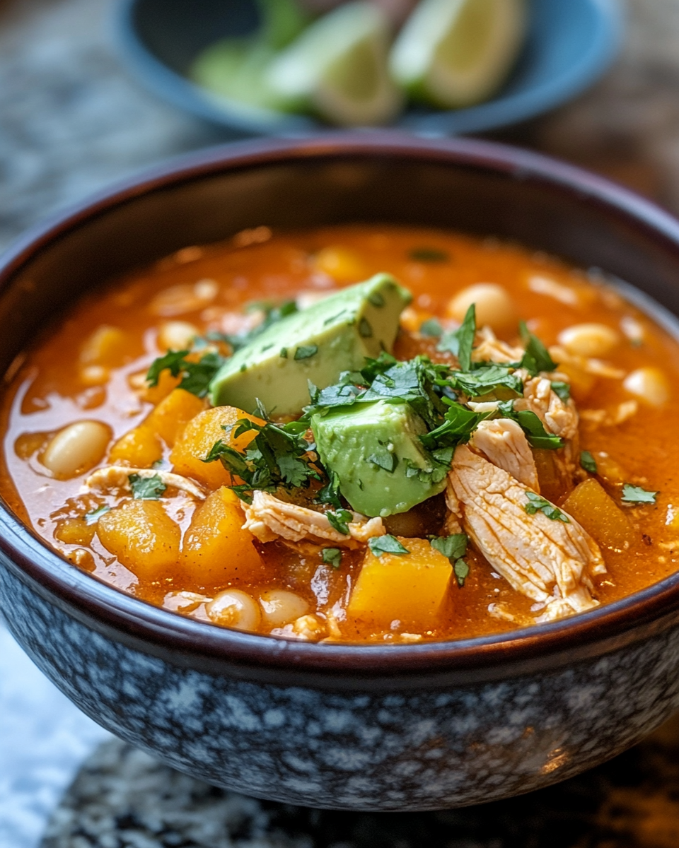 Served chicken pozole in bowl with tostada shells and garnishes ready to enjoy