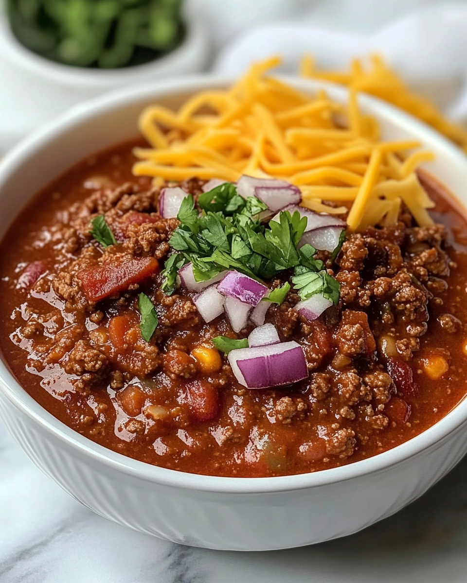 Serving bowl of hearty Wendy's chili topped with cheese and fresh herbs