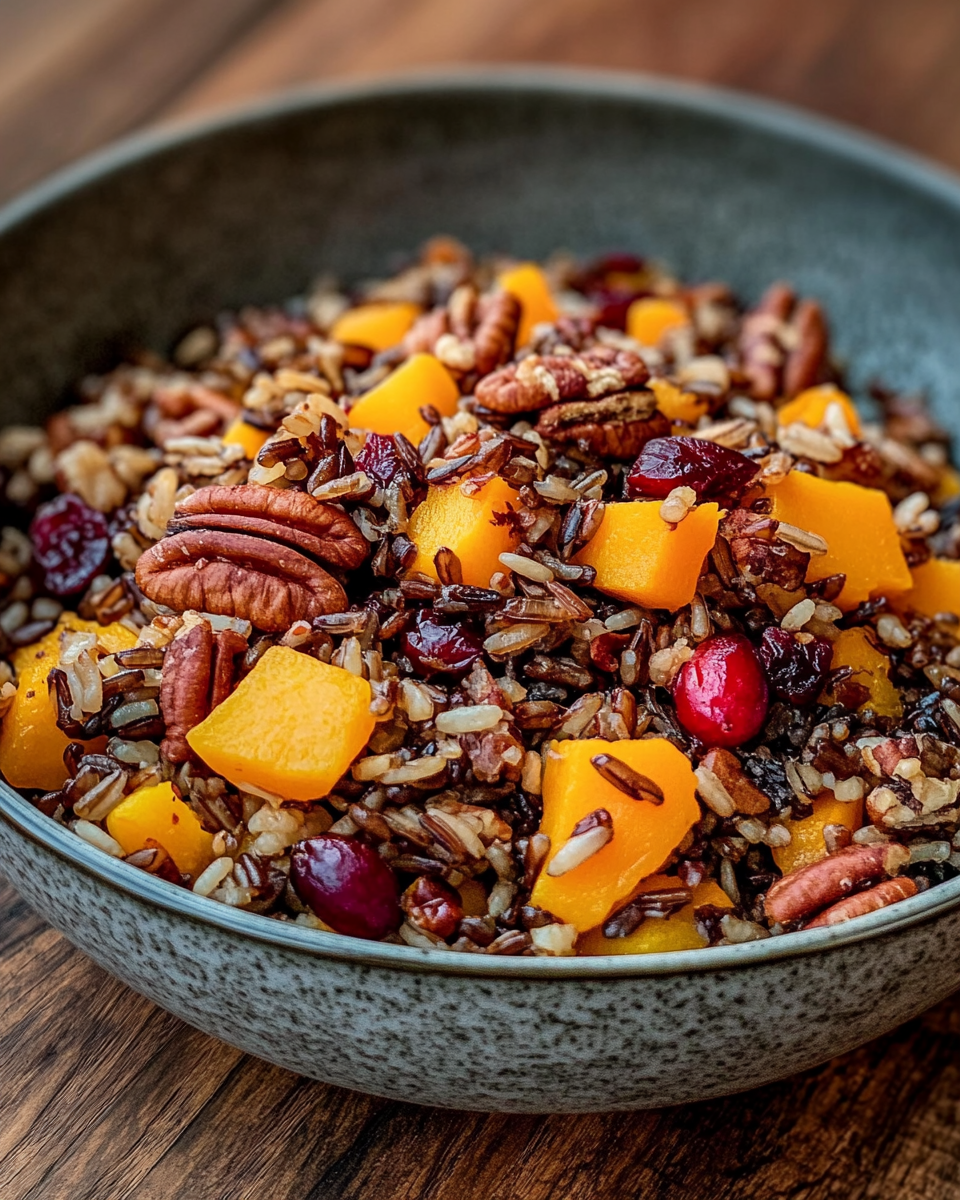 Ingredients for wild rice pilaf including butternut squash, pecans, and cranberries