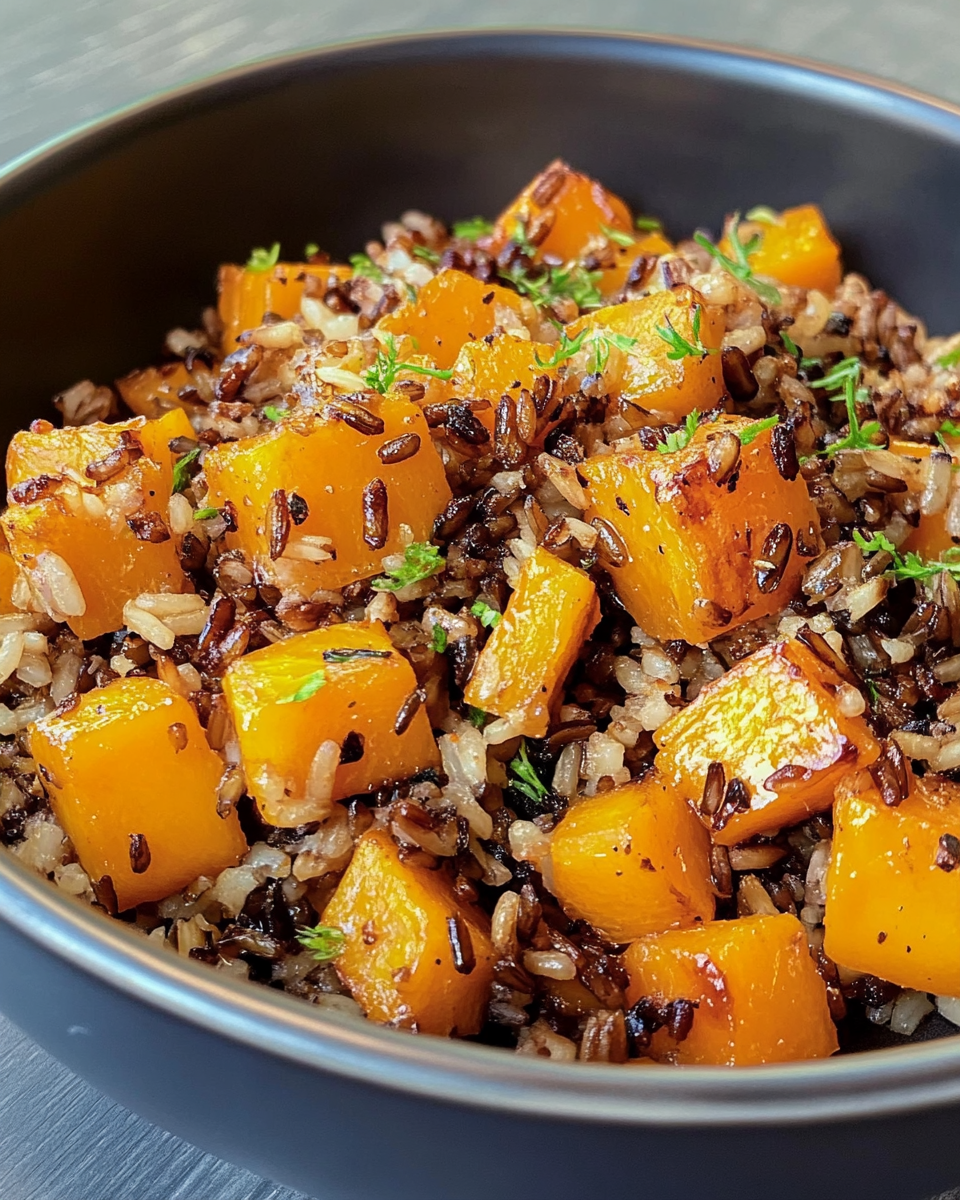 Ingredients including wild rice, butternut squash cubes, herbs, and nuts