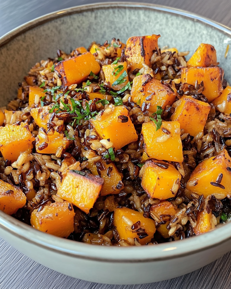 Close up of finished wild rice with roasted butternut squash served warm