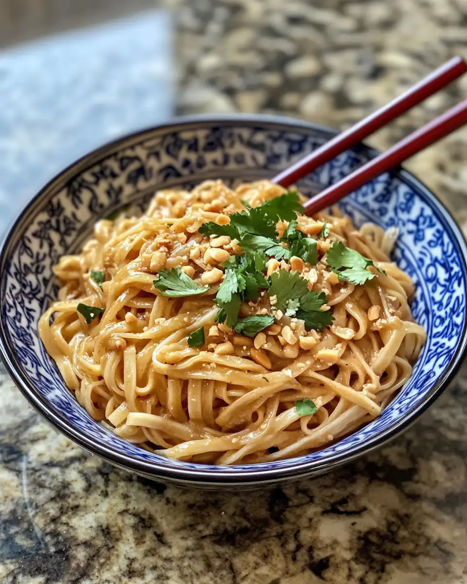 Pouring creamy spicy peanut sauce over freshly cooked rice noodles
