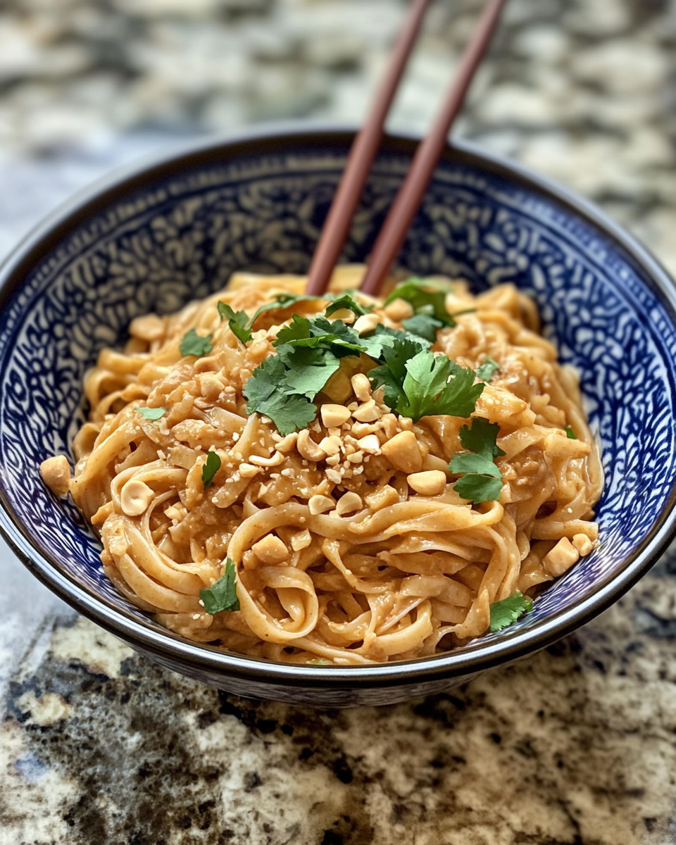 Steaming rice noodles with spicy peanut sauce aroma filling kitchen