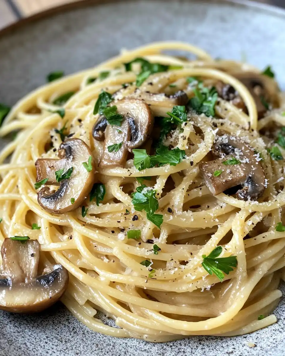 Fresh ingredients for mushroom spaghetti aglio olio including mushrooms, garlic and spices