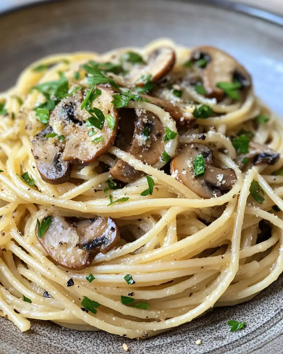 Served mushroom spaghetti aglio olio on a plate garnished with parsley and Parmesan
