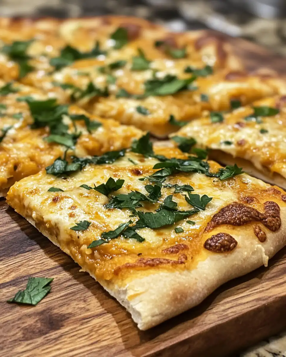Close-up of a slice of pumpkin and gouda pizza topped with parsley