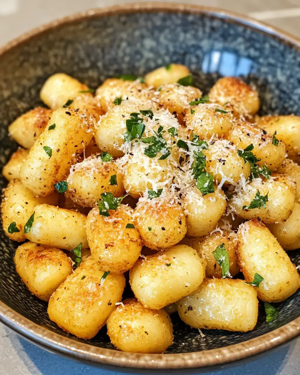 Close up of gnocchi tossed with oil and spices in a bowl