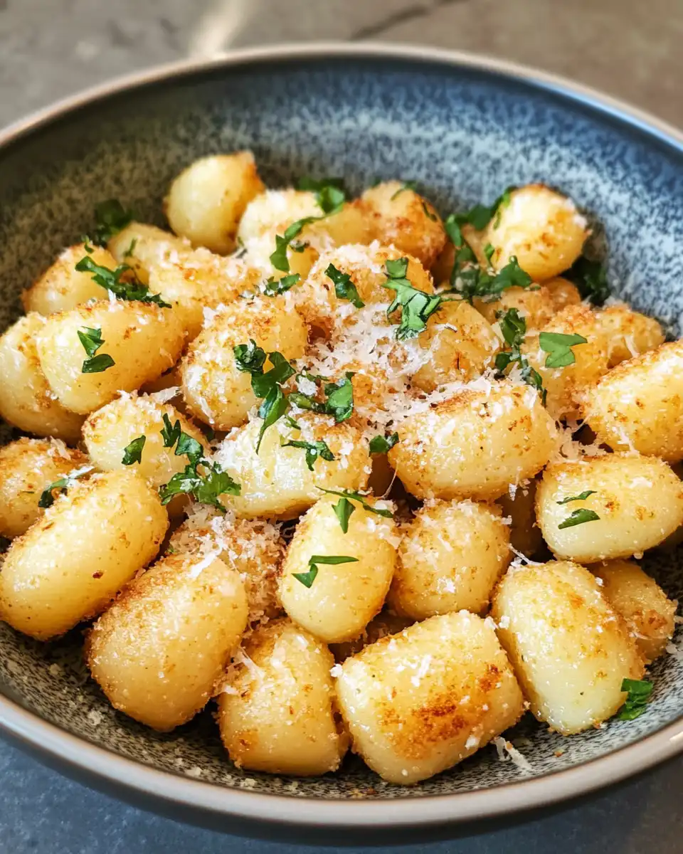 Plated crispy golden air fryer gnocchi ready to serve