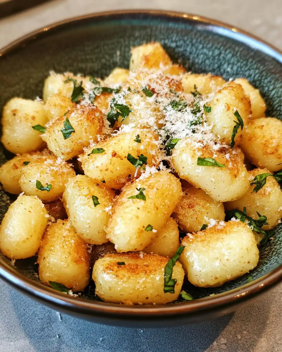 Air fryer gnocchi crisping up with golden edges