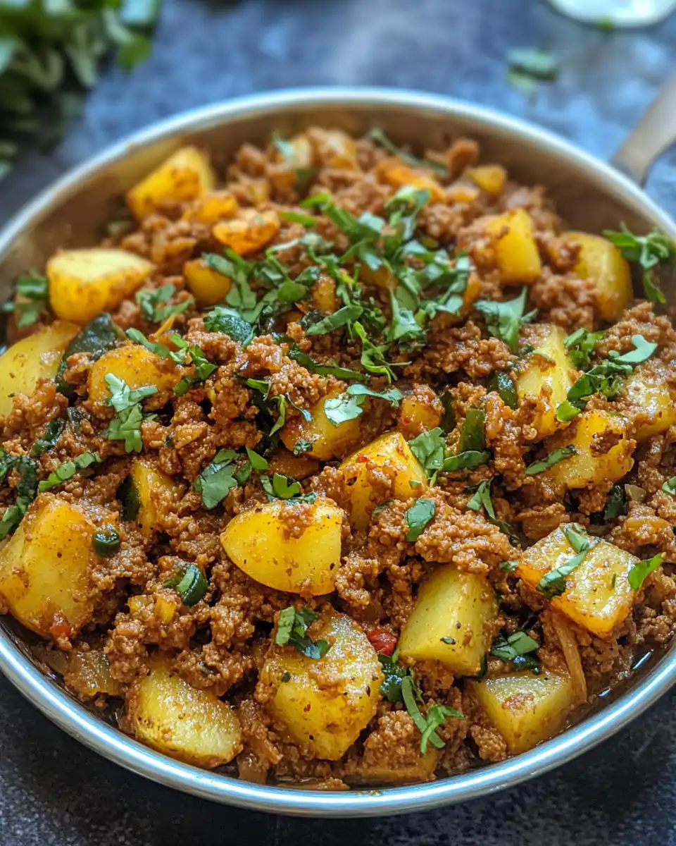 Finished keema aloo served in a bowl, garnished and ready to eat