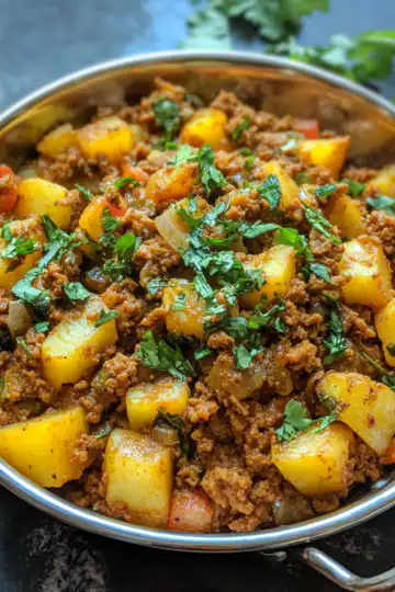 Aloo Keema Ground Meat With Potatoes taken with iphone 15 pro max --iw 2 --ar 4:5 --v 6.1 --raw