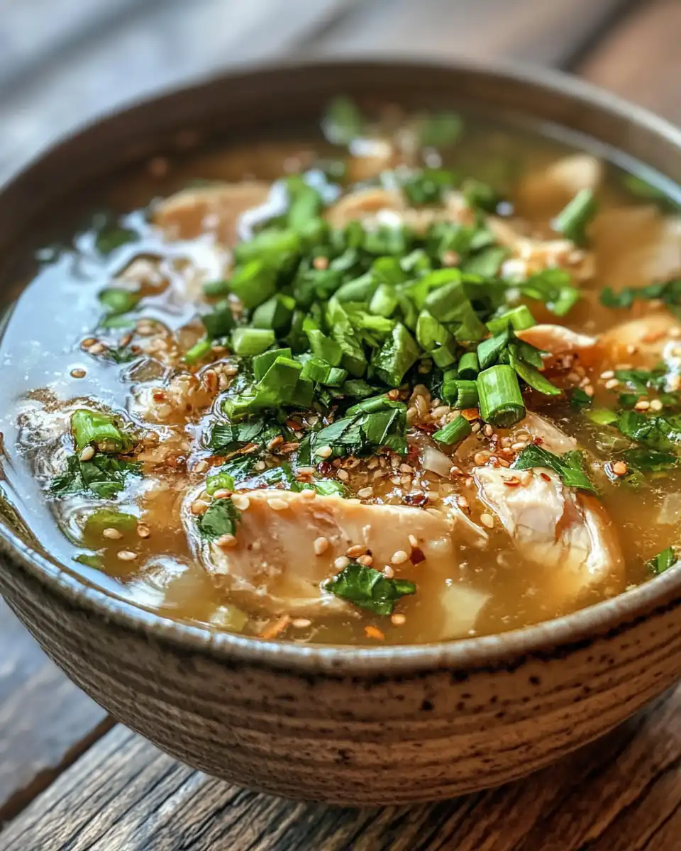 Steam rising from aromatic ginger garlic chicken noodle soup in a pot