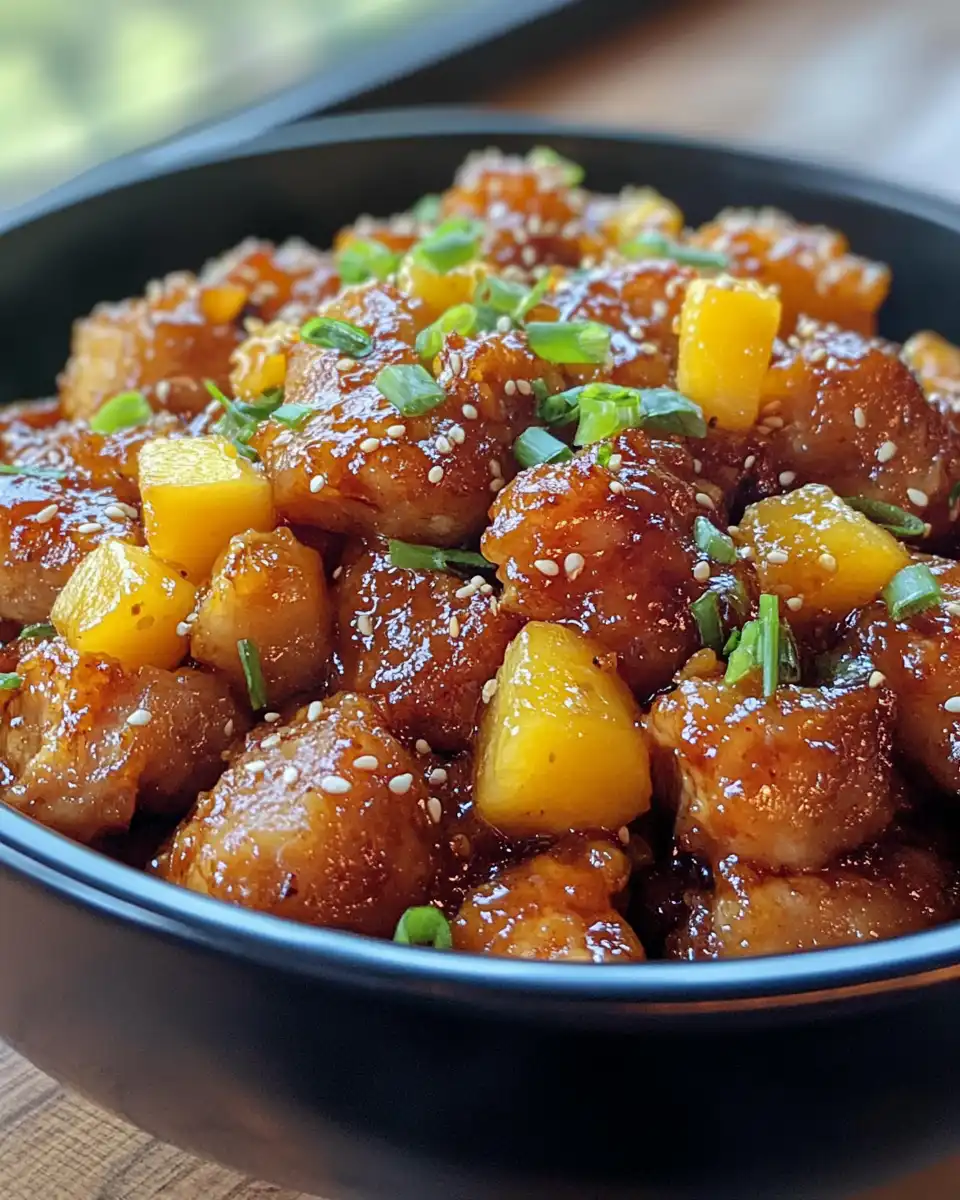 Plated Asian mango chicken ready to enjoy with fresh garnish