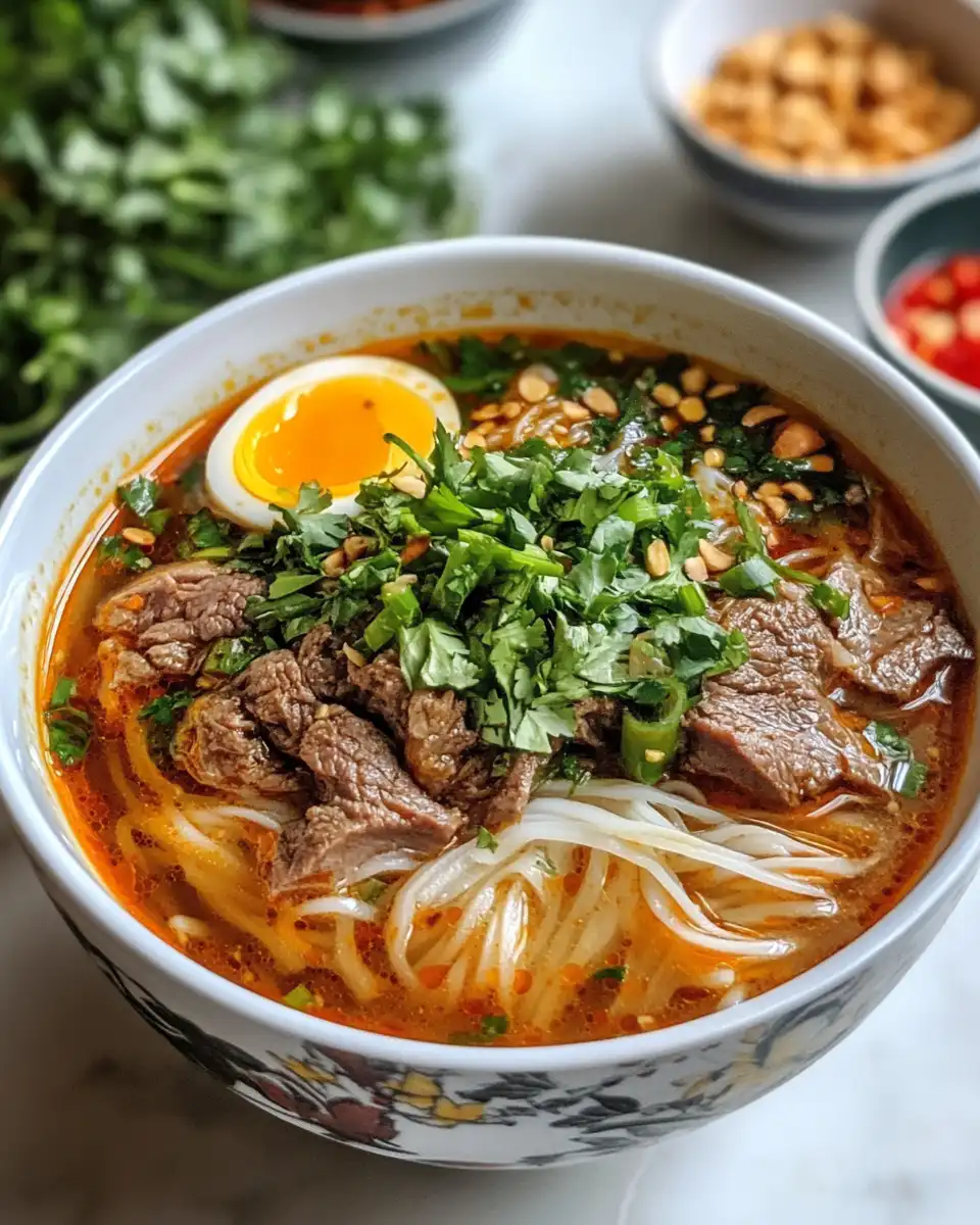 Serving bowl of Bun Bo Hue with garnishes and noodles