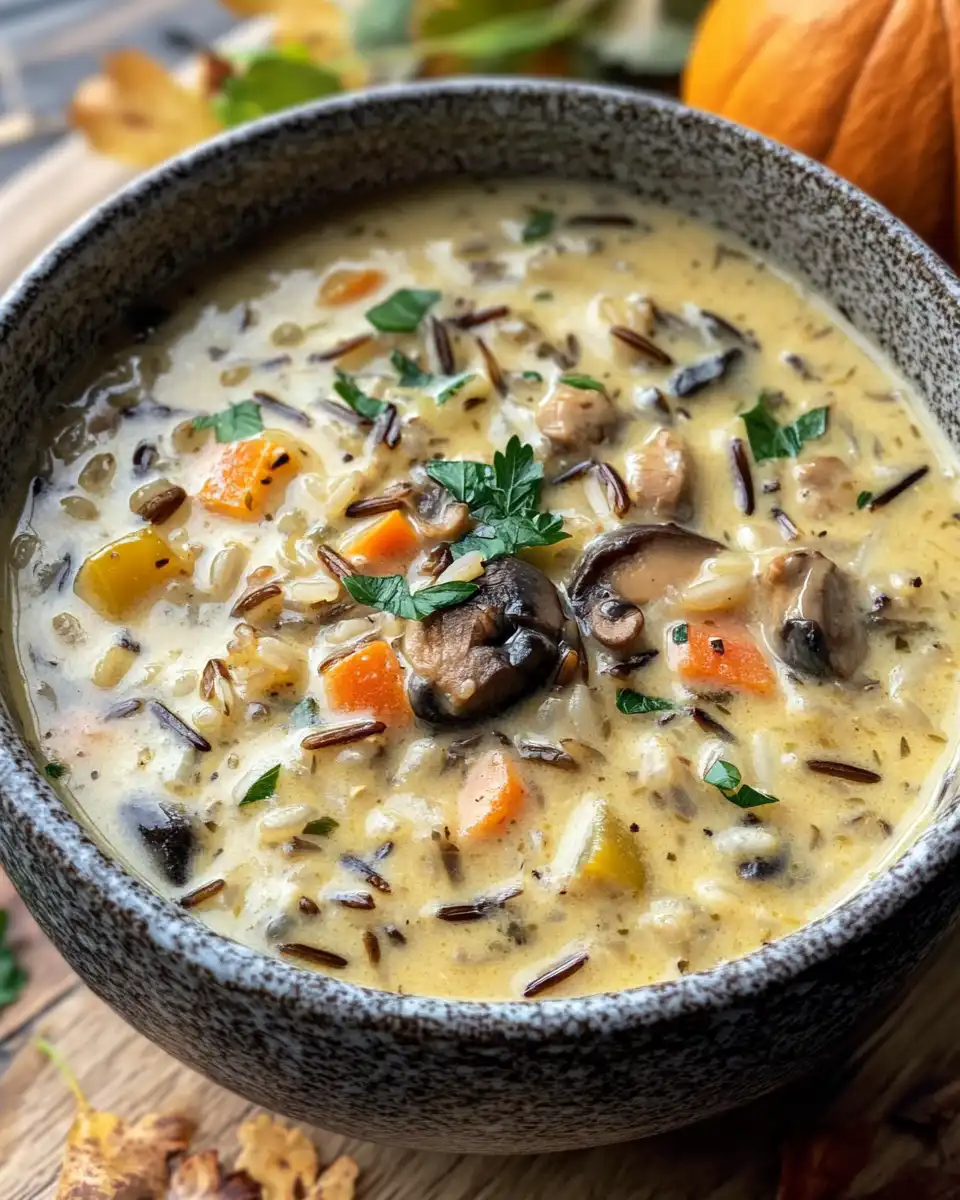 Finished autumn wild rice soup served in bowl with kale garnish