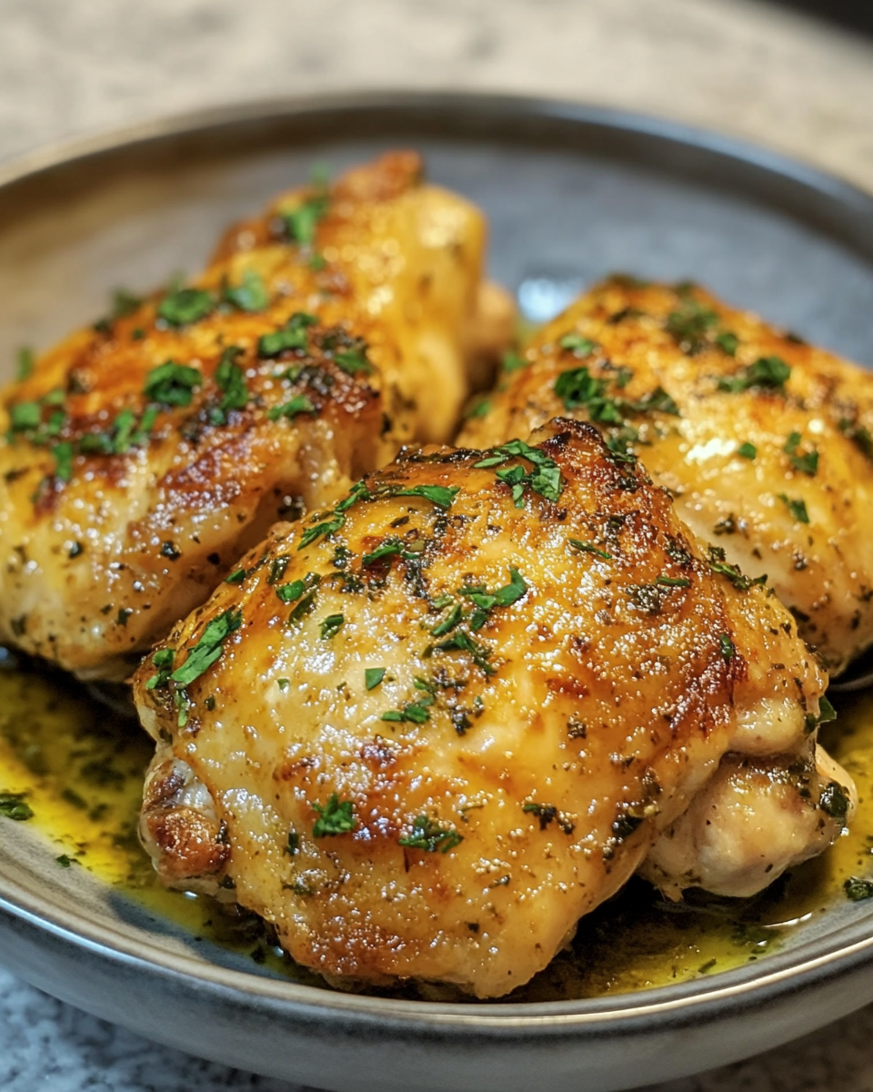 Juicy cooked boneless chicken thighs garnished with fresh herbs