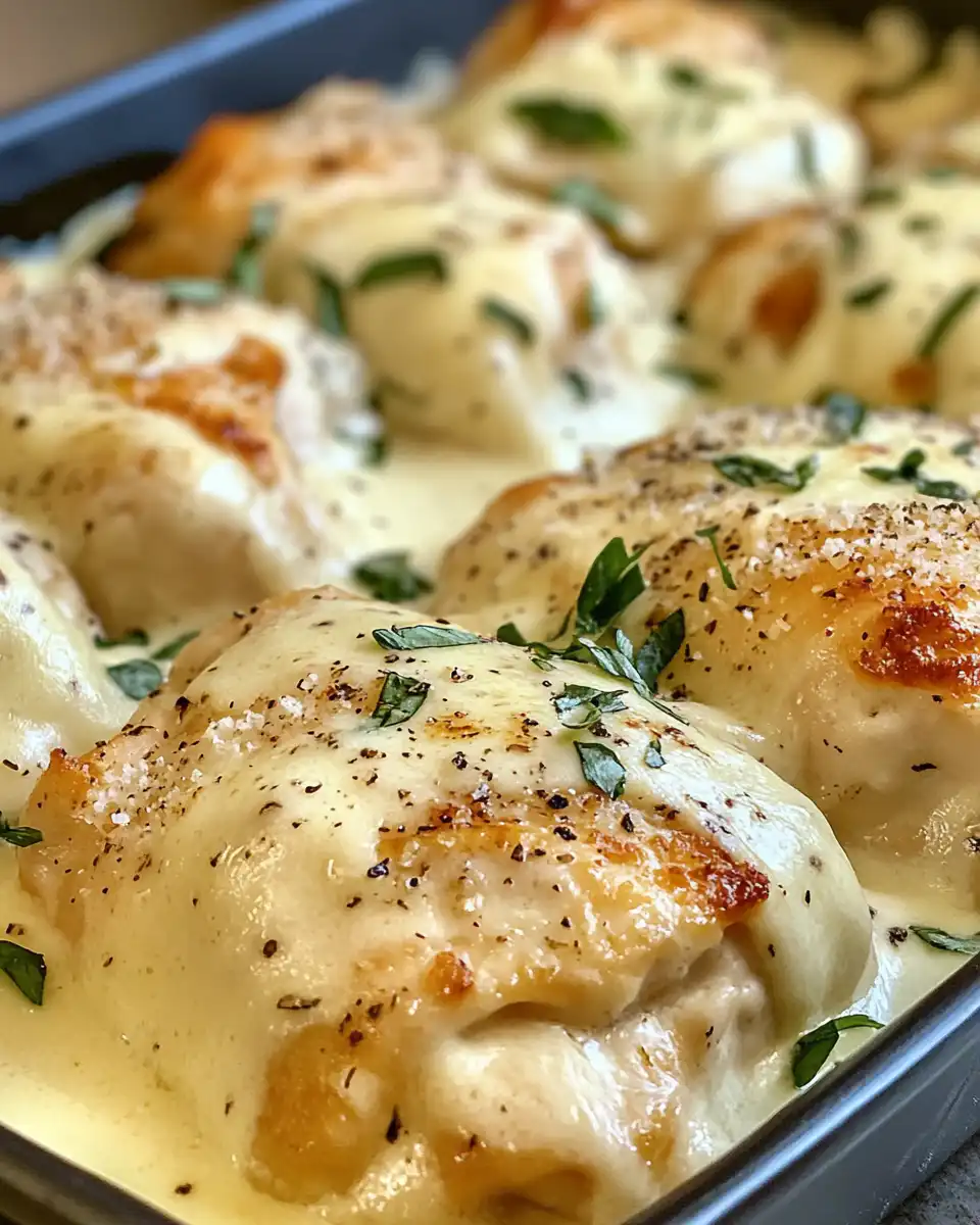 Baked Caesar chicken with creamy Parmesan sauce fresh from the oven