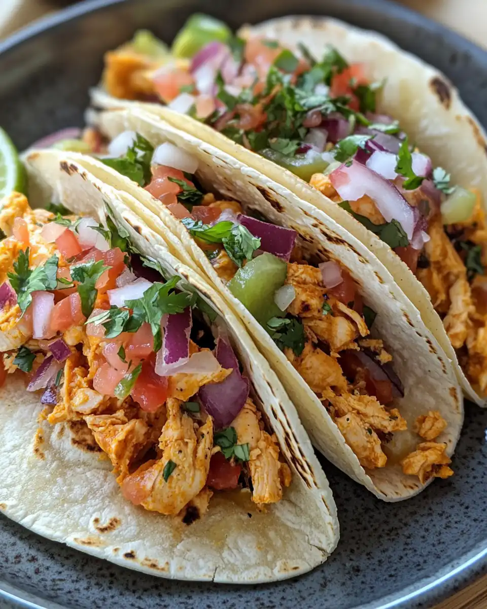 Ingredients for baked chicken tacos including tortillas, cheese, and seasoned shredded chicken