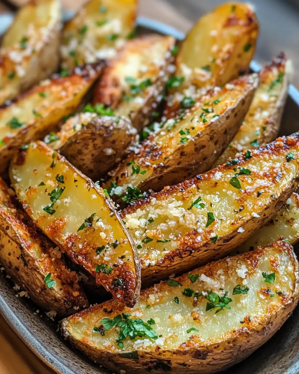 Bowl mixing olive oil, Parmesan, and seasonings for potato wedges
