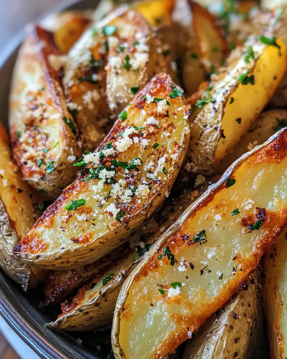 Golden crispy baked garlic Parmesan potato wedges on a serving plate