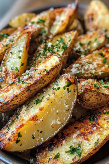 Baked Garlic Parmesan Potato Wedges taken with iphone 15 pro max --iw 2 --ar 4:5 --v 6.1 --raw