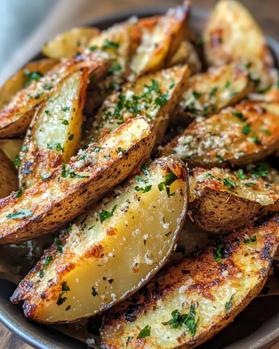 Close-up of pot lid with steam and garlic Parmesan potato wedges inside