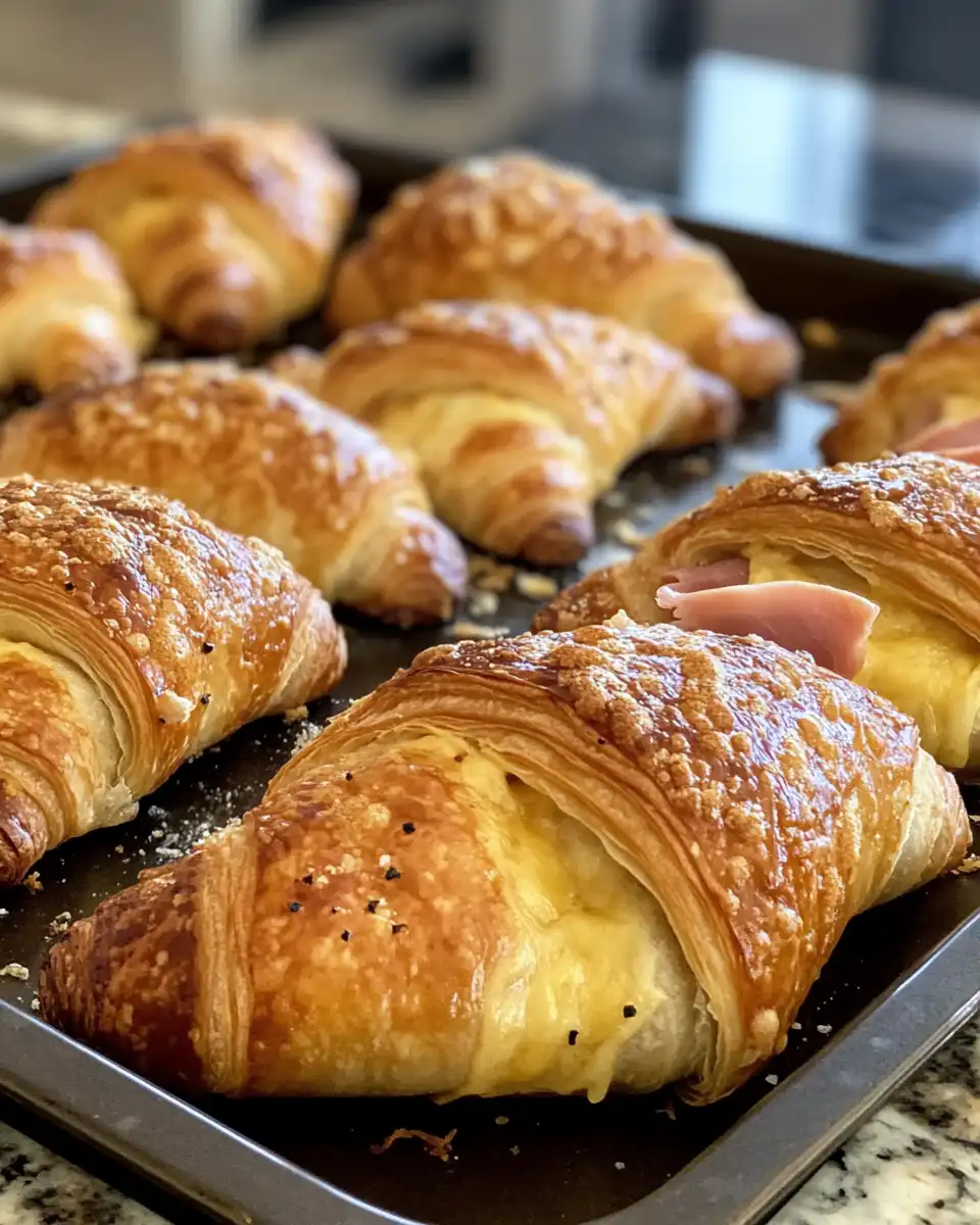 Ingredients including melted butter, honey, mustard, croissants, ham, Swiss cheese and poppy seeds