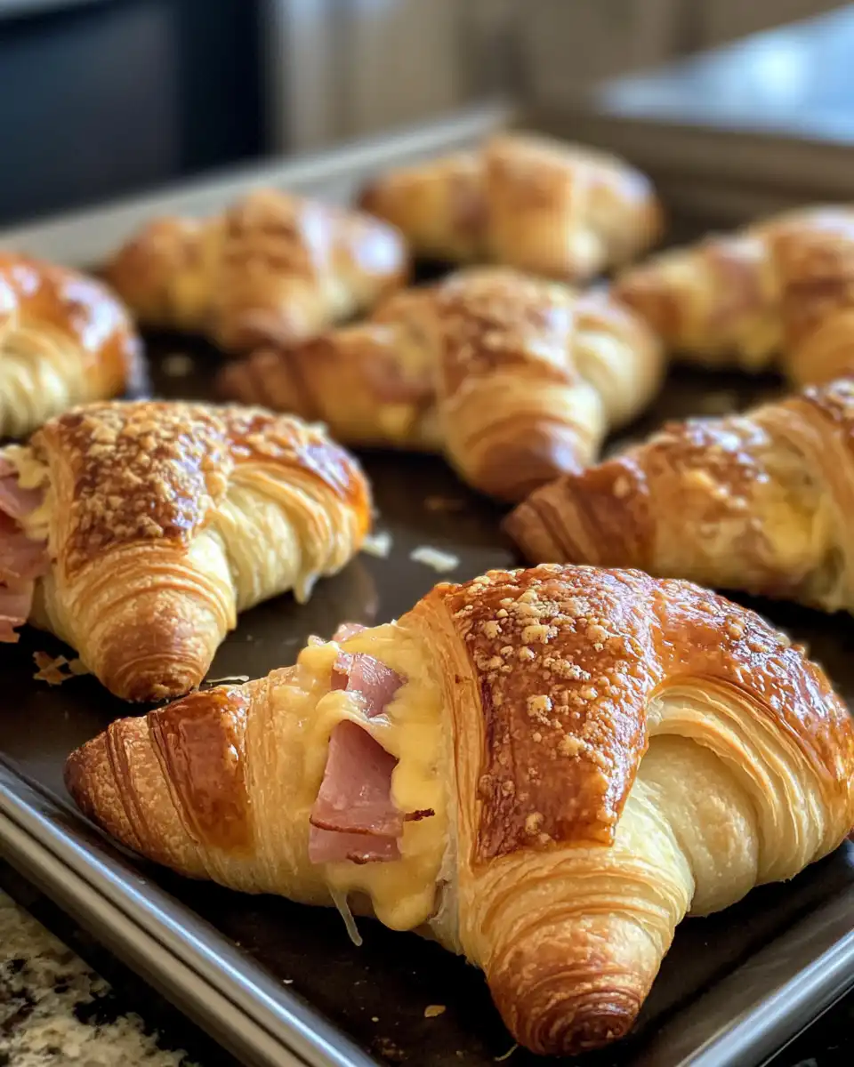 Close up of finished ham and cheese croissant sandwich showing melted cheese and crispy crust