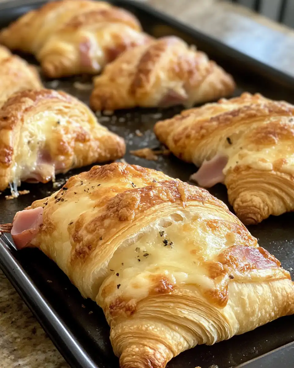 Ingredients for baked ham and cheese croissants laid out on a surface
