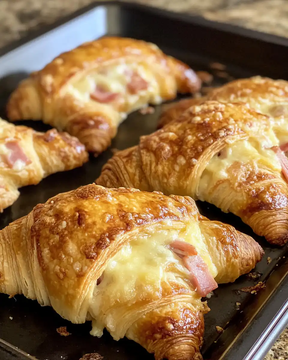 Golden baked croissants with melted cheese and ham ready to serve