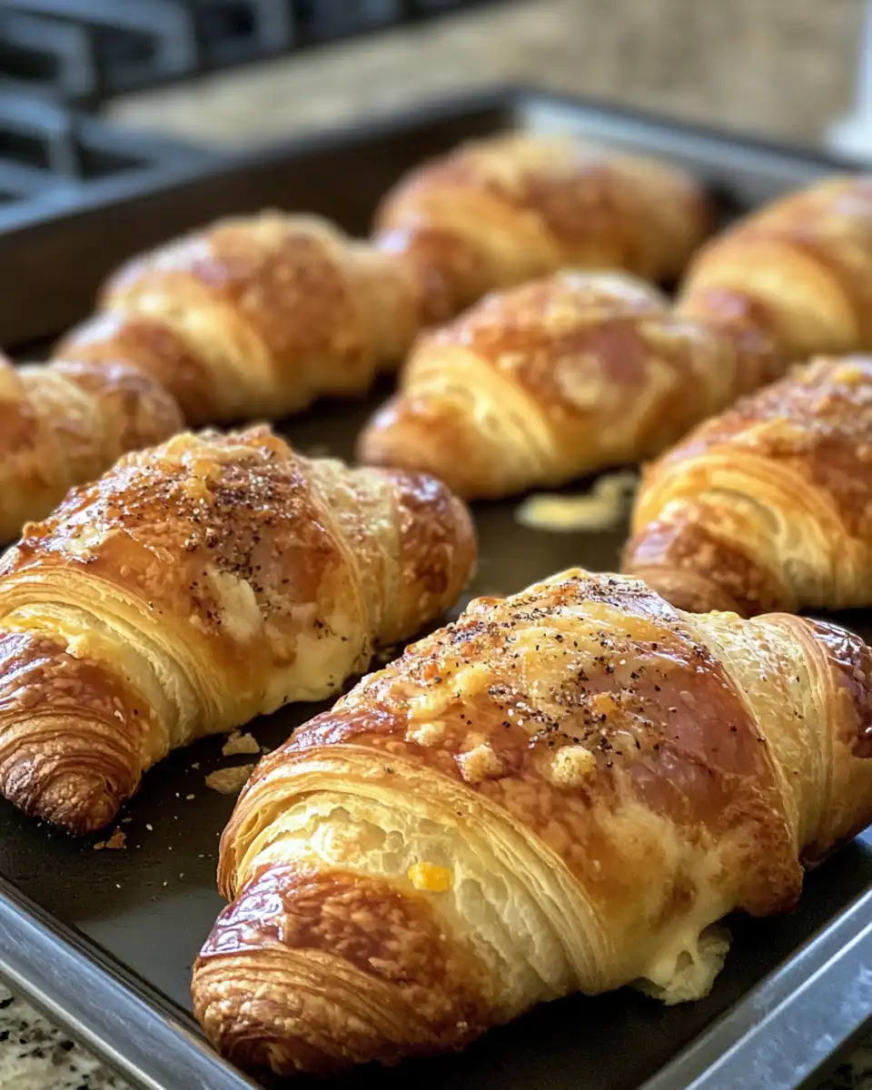 Golden baked ham and cheese croissants fresh from the oven