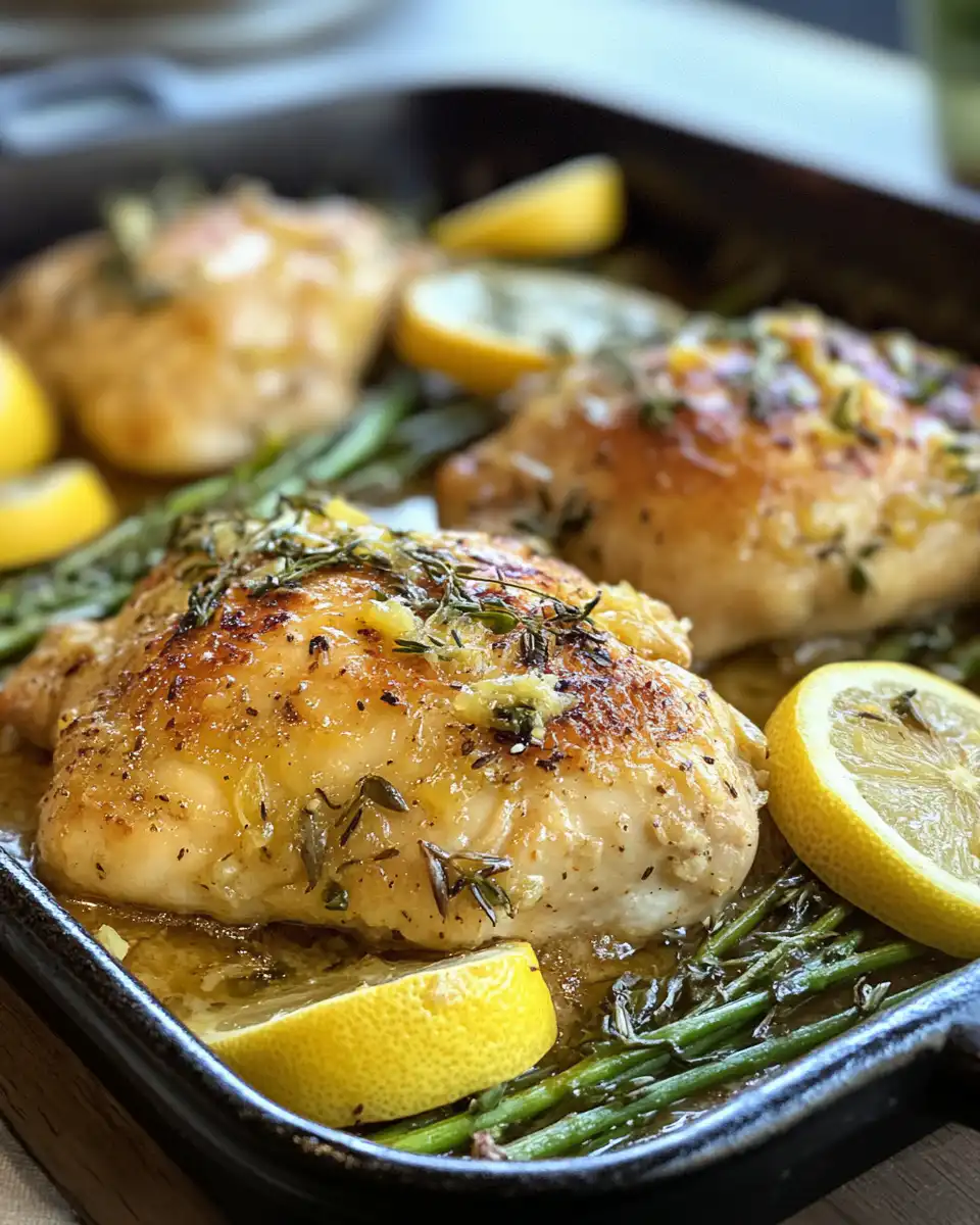 Golden baked lemon butter chicken served, garnished with fresh parsley and parmesan