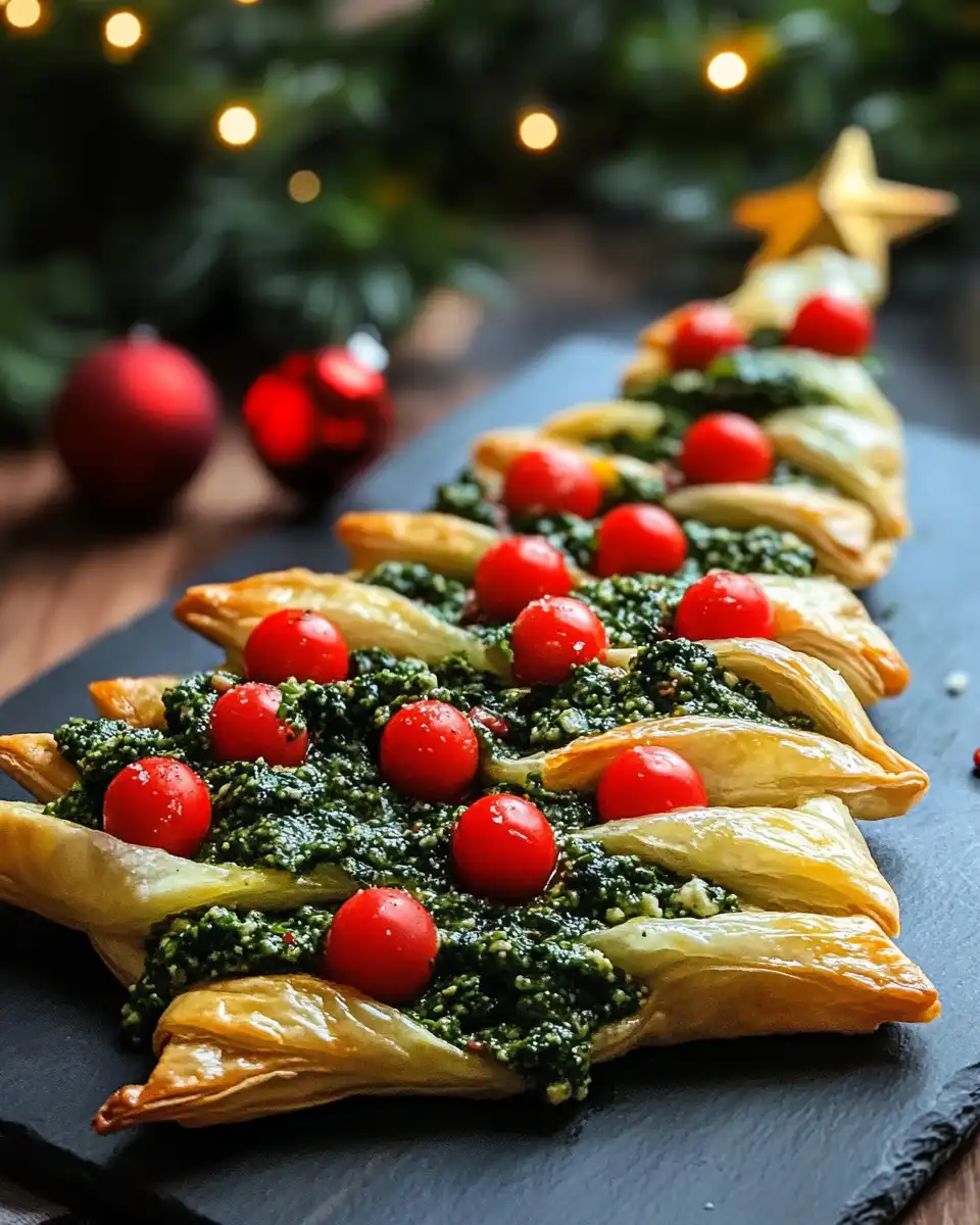 Close-up of melted shredded cheese on golden puff pastry Christmas trees