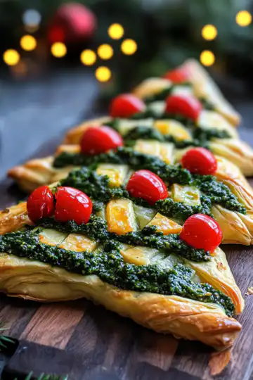 Basil Pesto Cheesy Puff Pastry Christmas Tree Recipe taken with iphone 15 pro max --iw 2 --ar 4:5 --v 6.1 --raw