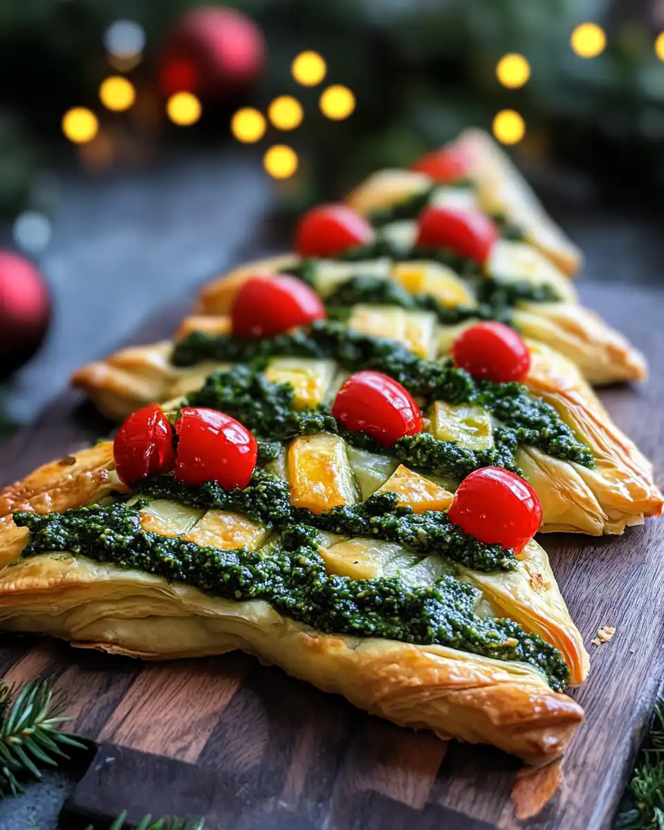 Golden puff pastry Christmas trees baking in the oven with pesto and cheese