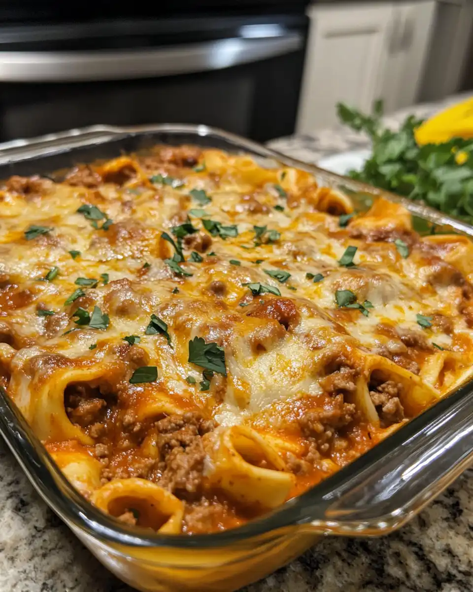 Ingredients and preparation in skillet for cheesy beef enchilada tortellini