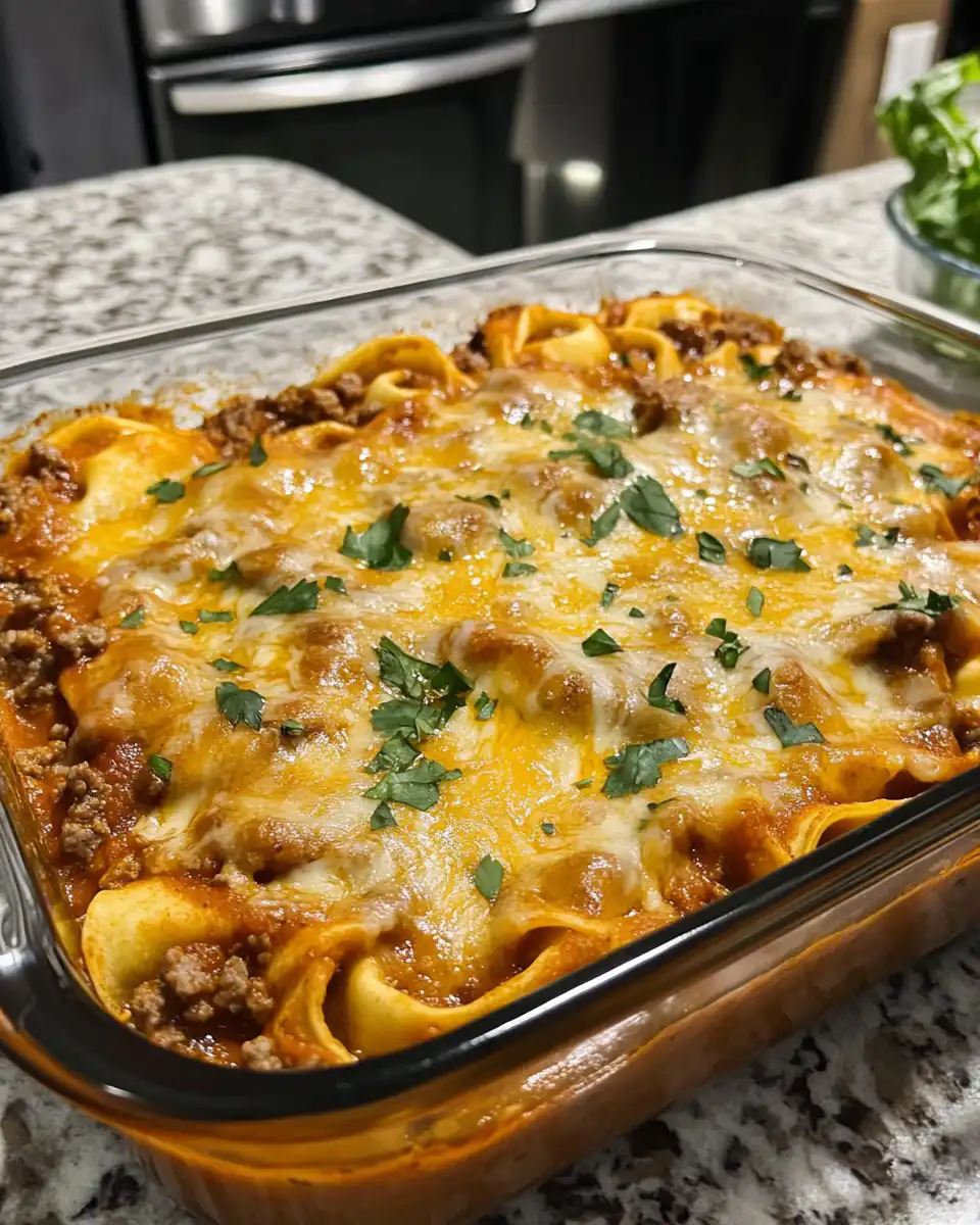 Final cheesy beef enchilada tortellini plated and ready to serve
