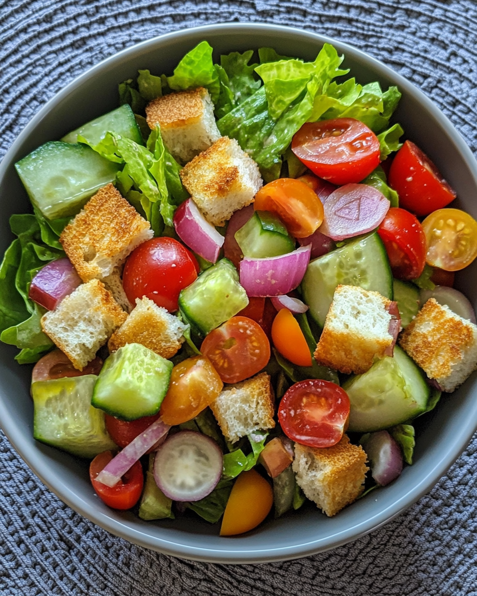 Fresh simple side salad with ingredients like lettuce, cucumber, tomato, and croutons