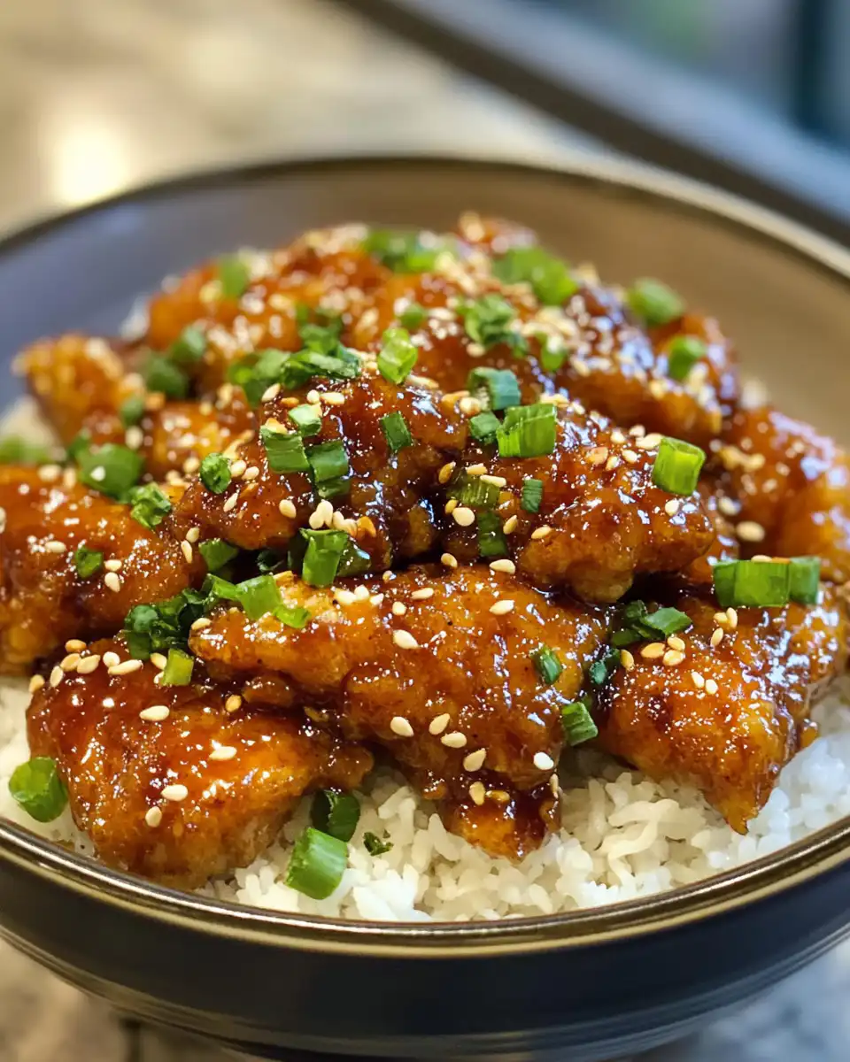 Finished sticky sesame chicken served over rice with sesame seeds and green onions